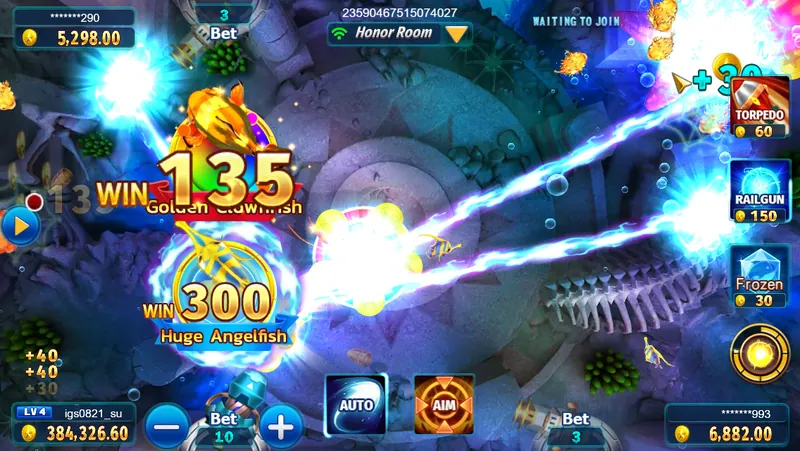 Mega Fishing railgun firing across the fishing ground, with the torpedo, railgun and freeze buttons on the right
