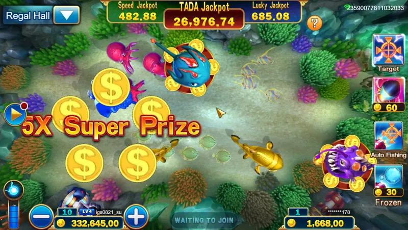 Jackpot Fishing by JILI with jackpot meters along the top and the Target button on the right