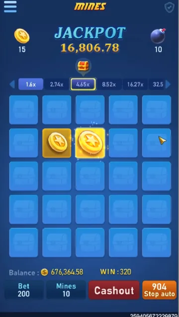 A JILI Mines board with 10 mines set: 25 tiles, the coin and mine counters, the multiplier row, and the Cashout and Stop auto buttons