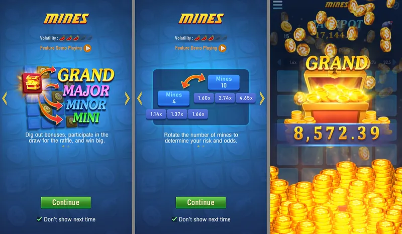 JILI Mines tutorial screens showing the four jackpot tiers, how the mine count changes the multipliers, and a Grand jackpot win