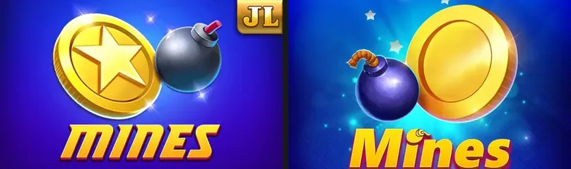 JILI Mines tile on the left beside JDB's Mines on the right, with similar coin-and-bomb art but only JILI's carrying the JL logo